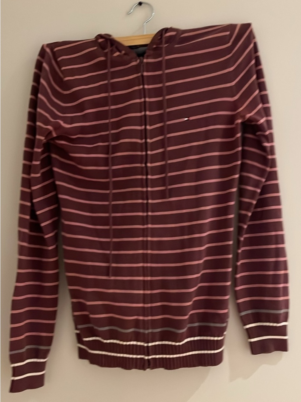 Tommy Hilfiger Maroon Zip-Up Sweater with Pink Stripes